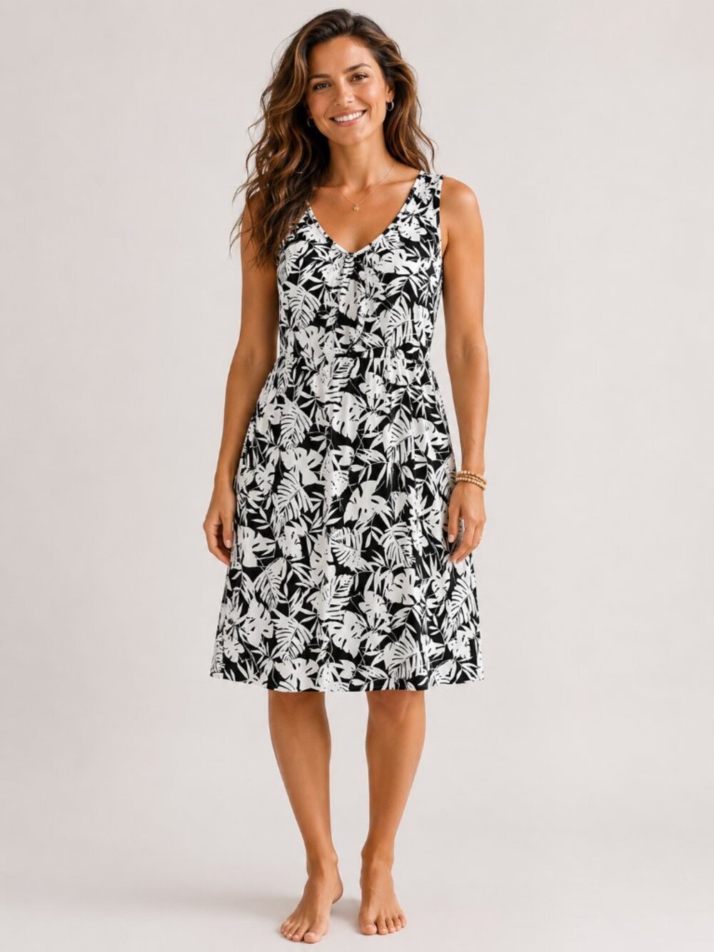 J.Jill Black & White Tropical Print Sleeveless A-Line Dress Women's Size Medium